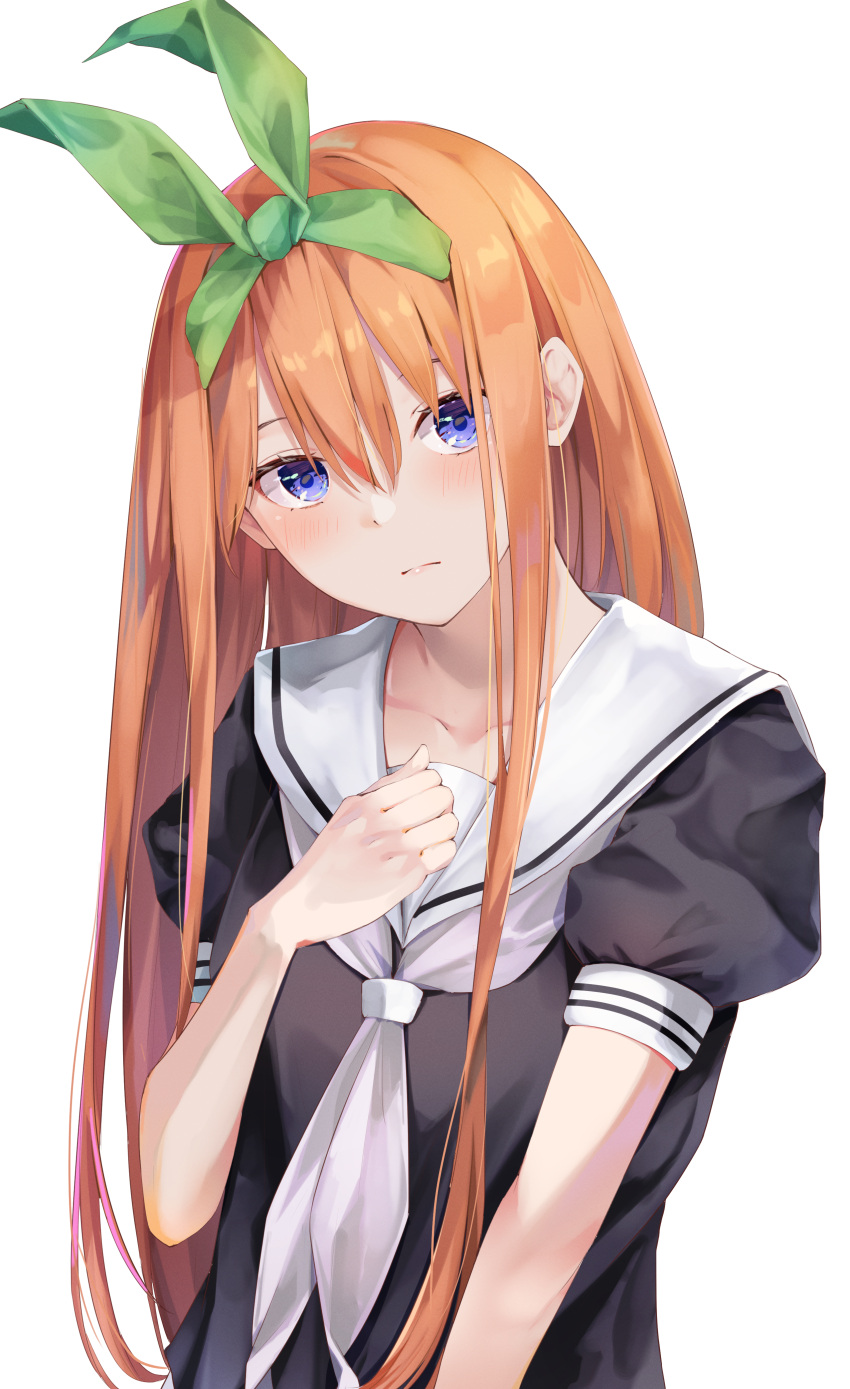 1girl absurdres aged_down bangs black_shirt blue_eyes blush closed_mouth collarbone commentary eyebrows_hidden_by_hair eyelashes frown go-toubun_no_hanayome green_ribbon hair_between_eyes hair_ribbon hand_on_own_chest hand_up head_tilt highres lips long_hair looking_at_viewer nakano_yotsuba neckerchief orange_hair puffy_short_sleeves puffy_sleeves ribbon sailor_collar school_uniform serafuku shirt short_sleeves sidelocks simple_background solo straight_hair upper_body very_long_hair white_background white_neckerchief white_sailor_collar yuunamida_uyu