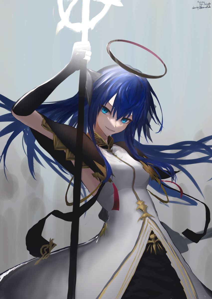 1girl absurdres arknights arm_up black_dress black_gloves blue_eyes blue_hair breasts cowboy_shot dress dual_wielding elbow_gloves fingerless_gloves gloves gradient_background grey_background halo hetare_galm_sue highres holding holding_staff horns layered_dress long_hair looking_at_viewer medium_breasts mostima_(arknights) mostima_(spellbreaker)_(arknights) official_alternate_costume parted_lips signature smile solo staff very_long_hair white_dress