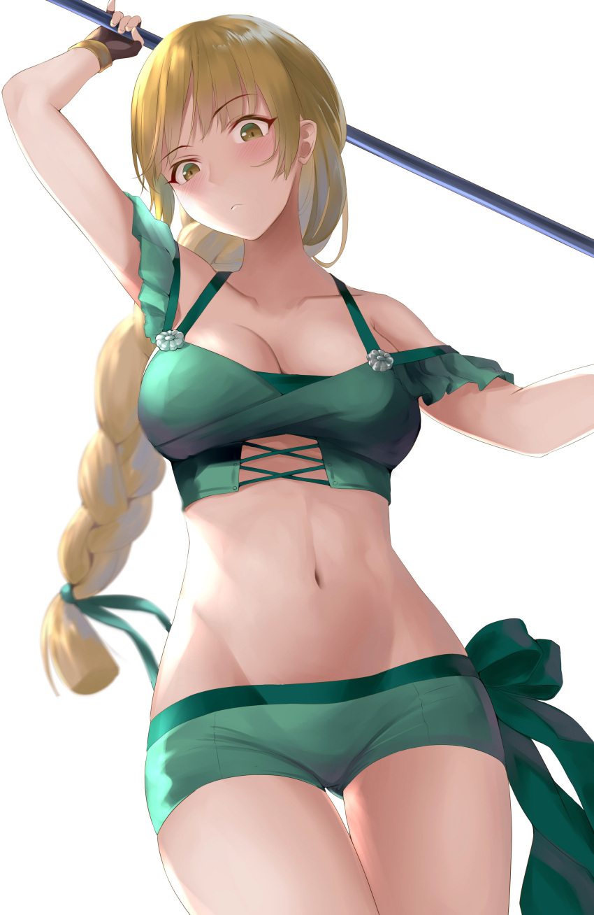 1girl absurdres ass_visible_through_thighs bare_shoulders bikini bikini_shorts blonde_hair braid braided_ponytail breasts cleavage collarbone cowboy_shot fingerless_gloves fire_emblem fire_emblem:_three_houses fire_emblem_heroes gloves green_bikini green_eyes green_shorts groin highres holding holding_polearm holding_weapon ingrid_brandl_galatea ingrid_brandl_galatea_(summer) long_hair looking_down medium_breasts navel off-shoulder_bikini off_shoulder official_alternate_costume polearm sail_(sail-away) short_shorts shorts simple_background solo spear swimsuit very_long_hair weapon white_background