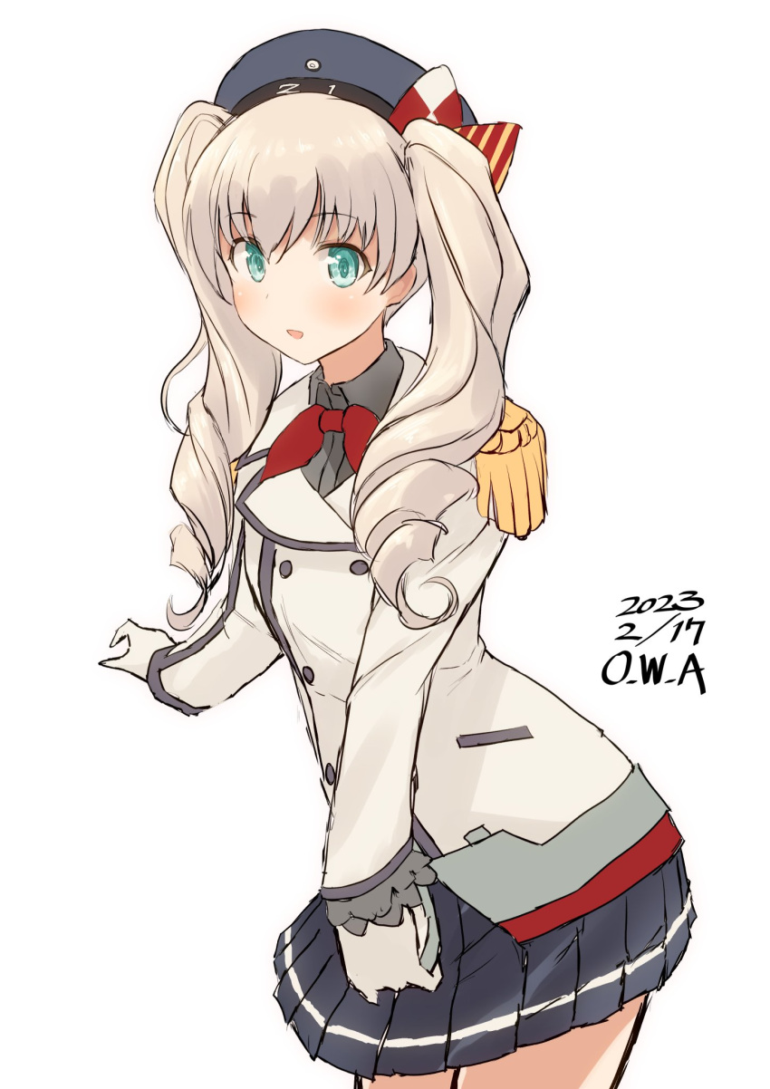1girl alternate_hair_length alternate_hairstyle blue_eyes buttons commentary_request cosplay cowboy_shot dated epaulettes gloves grey_eyes grey_hair hair_extensions highres jacket kantai_collection kashima_(kancolle) kashima_(kancolle)_(cosplay) long_sleeves military military_jacket military_uniform neckerchief one-hour_drawing_challenge owa_(ishtail) pleated_skirt red_neckerchief sidelocks simple_background skirt solo twintails twitter_username uniform wavy_hair white_background white_gloves white_jacket z1_leberecht_maass_(kancolle)