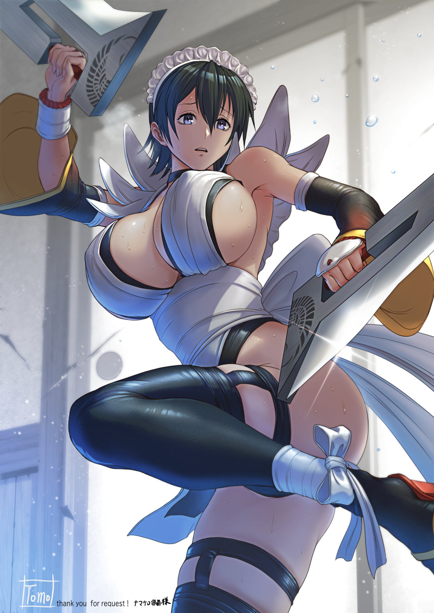 1girl absurdres artist_name bangs bare_shoulders black_hair breasts butterfly_swords cleavage commentary_request commission covered_nipples dual_wielding grey_eyes hair_ornament highres holding holding_weapon indoors iroha_(samurai_spirits) japanese_clothes large_breasts leg_up maid_headdress open_mouth ribbon samurai_spirits sandals shiny_clothes shiny_skin short_hair signature simple_background skeb_commission sweat sweatdrop thighhighs thighs tomo_eokaiteru weapon wide_sleeves window
