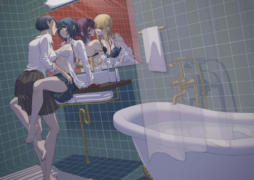 3girls asahina_yuni barefoot bathroom bathtub bra breasts ceiling_light cleavage closed_eyes cover cup different_reflection ear_piercing faucet hand_on_another's_hip highres holding holding_phone indoors kyou_wa_kanojo_ga_inai_kara long_hair looking_back mirror mole mole_on_breast multiple_girls natsume_nanase official_art okome103 parted_lips phone piercing reflection school_uniform short_hair shower_curtain sink sitting smile standing taki_fuuko thighs tile_floor tile_wall tiles toothbrush towel tube underwear water yuri
