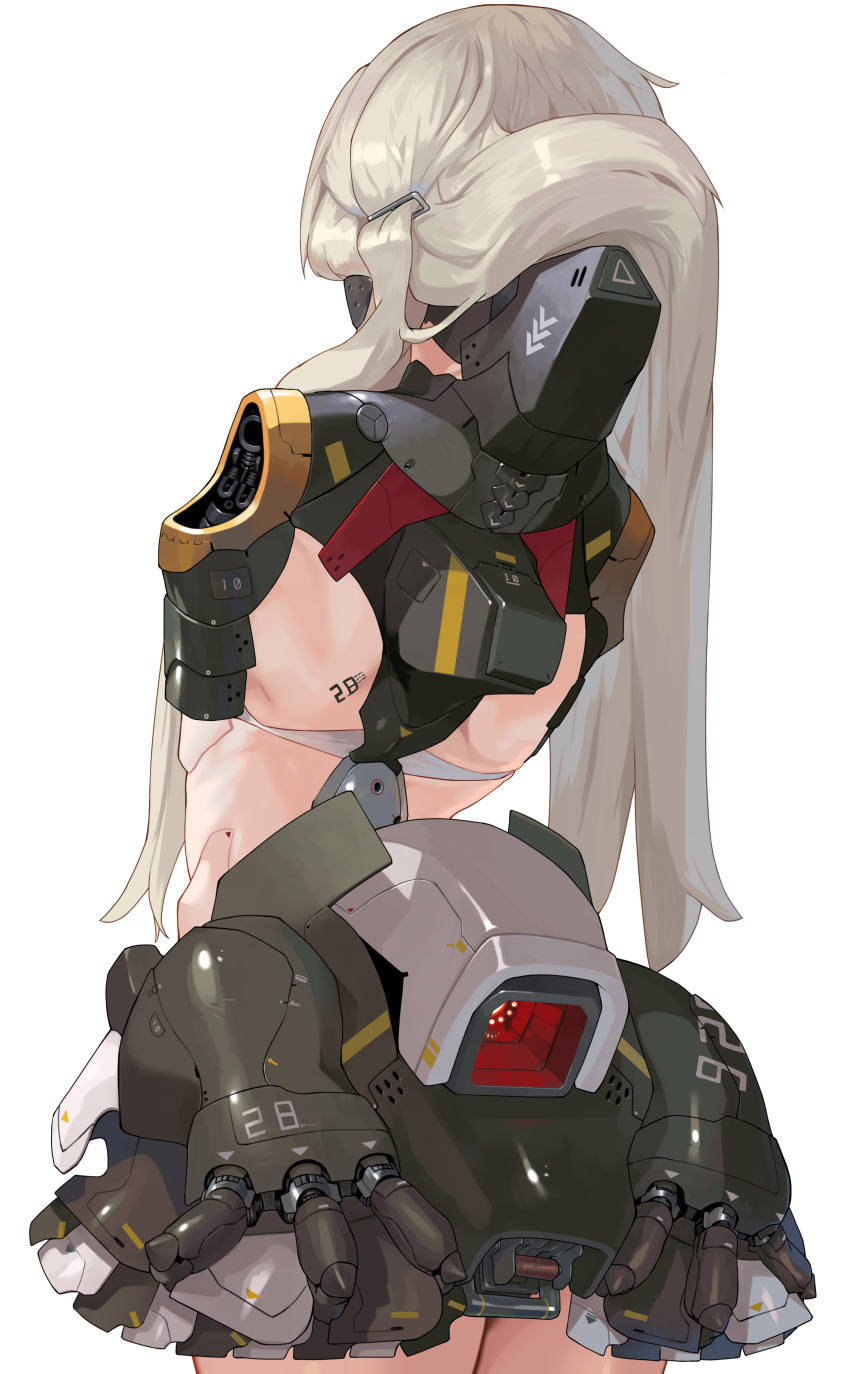 1girl absurdres blonde_hair cyborg exhaust_pipe from_behind highres long_hair mechanical_parts missing_limb no_arms original shoulder_blades solo white_background yunimaru