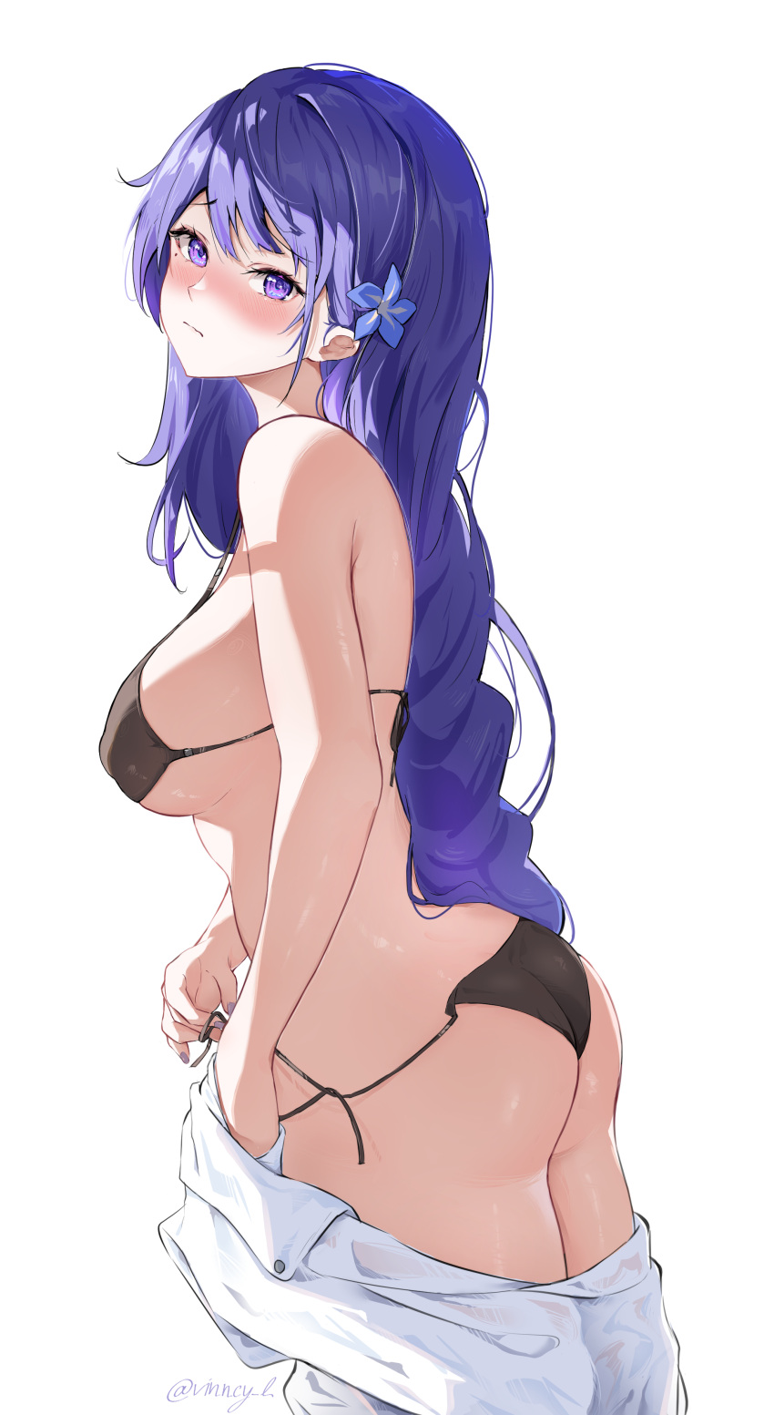 1girl absurdres ass black_bra black_panties blue_flower blush bra breasts closed_mouth covered_nipples flower from_side genshin_impact hair_flower hair_ornament highres large_breasts long_hair looking_at_viewer mole mole_under_eye panties purple_eyes purple_hair purple_nails raiden_shogun raised_eyebrows side-tie_panties simple_background solo strap_gap underwear undressing untied untied_panties vincent_leo white_background