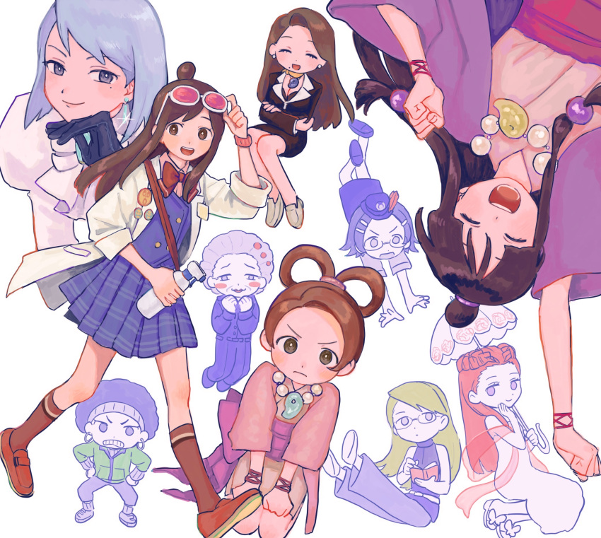 6+girls ace_attorney adrian_andrews angry asymmetrical_bangs bangs black_gloves black_hair black_jacket blue_eyes blue_hair blunt_bangs blush bottle bracelet braid breasts brown_eyes brown_hair cleavage clenched_hands closed_eyes closed_mouth coat dahlia_hawthorne dress earrings ema_skye eyewear_on_head formal franziska_von_karma frown full_body glasses gloves hair_ornament hair_rings half_updo hand_on_own_chin hat highres holding jacket japanese_clothes jewelry juliet_sleeves kimono labcoat long_hair long_sleeves lotta_hart magatama maggey_byrde maya_fey mia_fey mole mole_under_eye mole_under_mouth multiple_girls necklace necktie obi open_clothes open_coat open_mouth parasol parted_bangs pearl_fey phoenix_wright:_ace_attorney phoenix_wright:_ace_attorney_-_justice_for_all phoenix_wright:_ace_attorney_-_trials_and_tribulations pink_sash pleated_skirt puffy_sleeves purple_jacket red_hair renshu_usodayo sash scarf shawl shirt short_hair sidelocks simple_background sitting skirt skirt_suit sleeves_rolled_up smile spray_bottle standing suit umbrella walking wendy_oldbag white_background white_coat white_dress white_shirt yellow_scarf