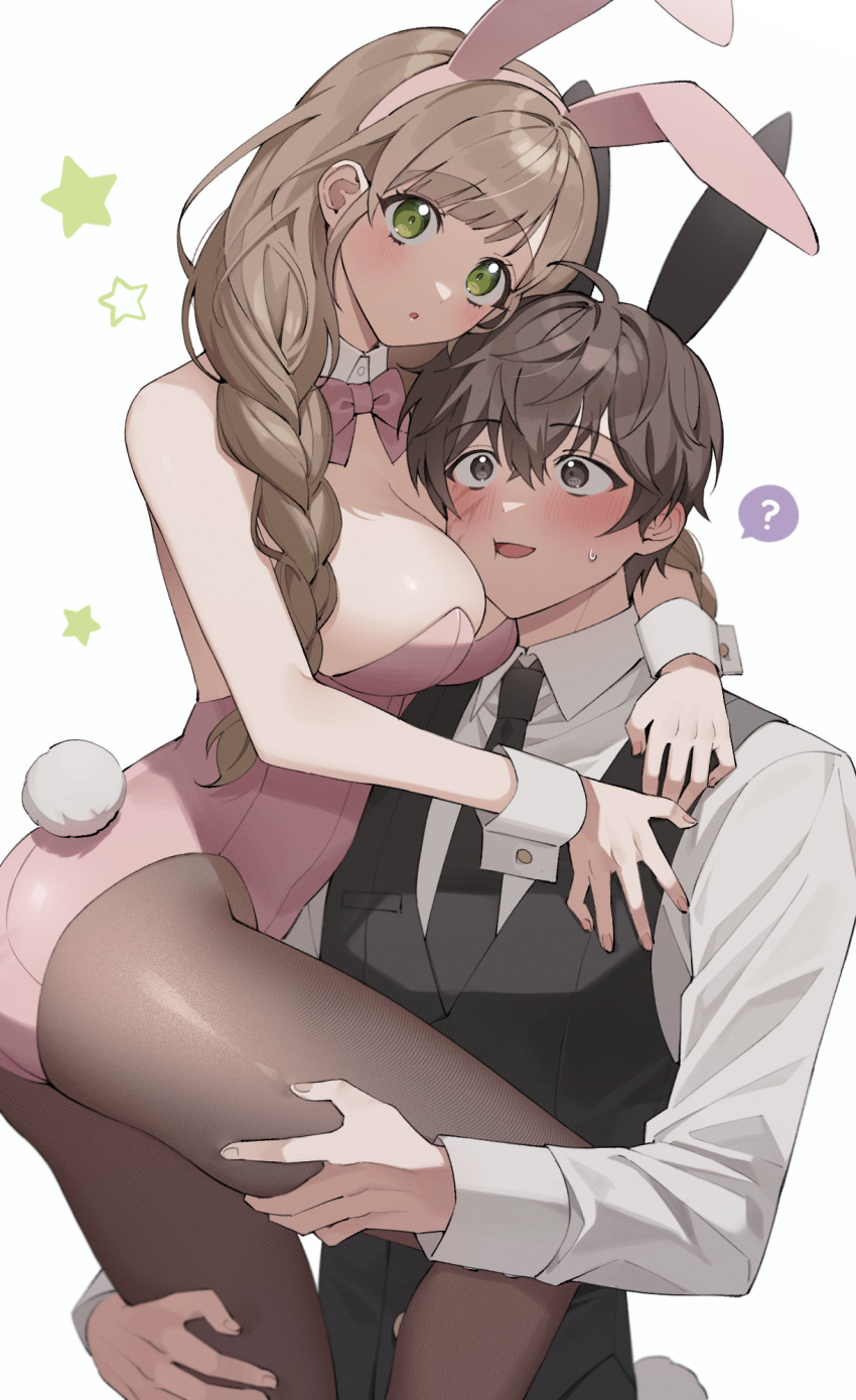 1boy 1girl ? animal_ears black_necktie bow bowtie braid breasts brown_eyes brown_hair cleavage collared_shirt detached_collar green_eyes hand_on_another's_thigh highres leotard long_hair long_sleeves lvemhrd necktie original pantyhose parted_lips pink_bow pink_bowtie pink_leotard playboy_bunny rabbit_ears rabbit_tail scar scar_on_face shirt spoken_question_mark tail waistcoat white_background white_shirt wrist_cuffs