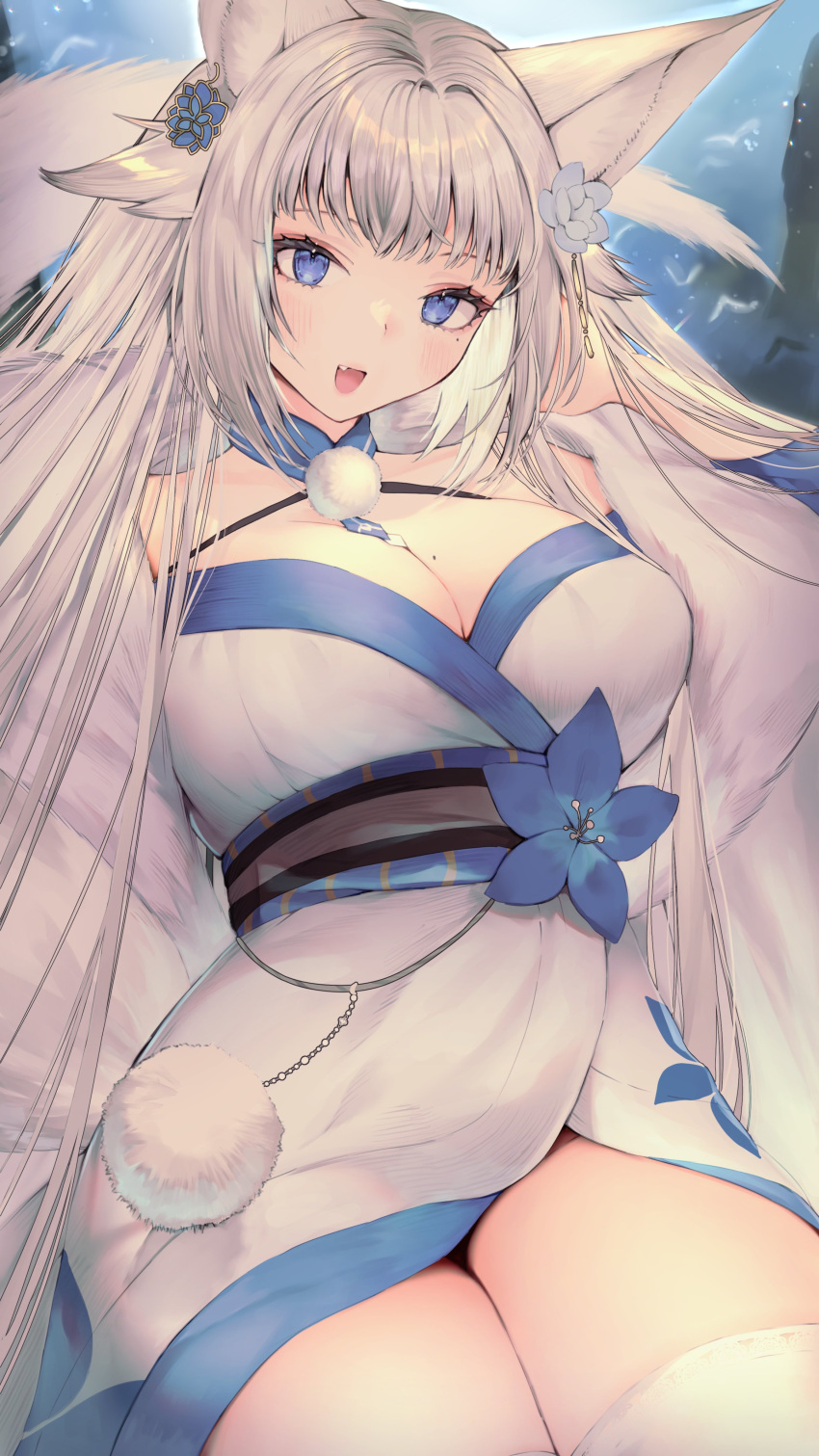 1girl :d absurdres animal_ears bangs blue_eyes breasts cleavage commission cowboy_shot fang fox_ears fox_tail fur_(clothing) highres indie_virtual_youtuber japanese_clothes kimono large_breasts looking_at_viewer mekonu_(mknn) mole mole_on_breast mole_under_eye open_mouth sakae_izumi second-party_source sidelocks skeb_commission smile solo tail thighhighs thighs virtual_youtuber white_hair white_kimono white_thighhighs