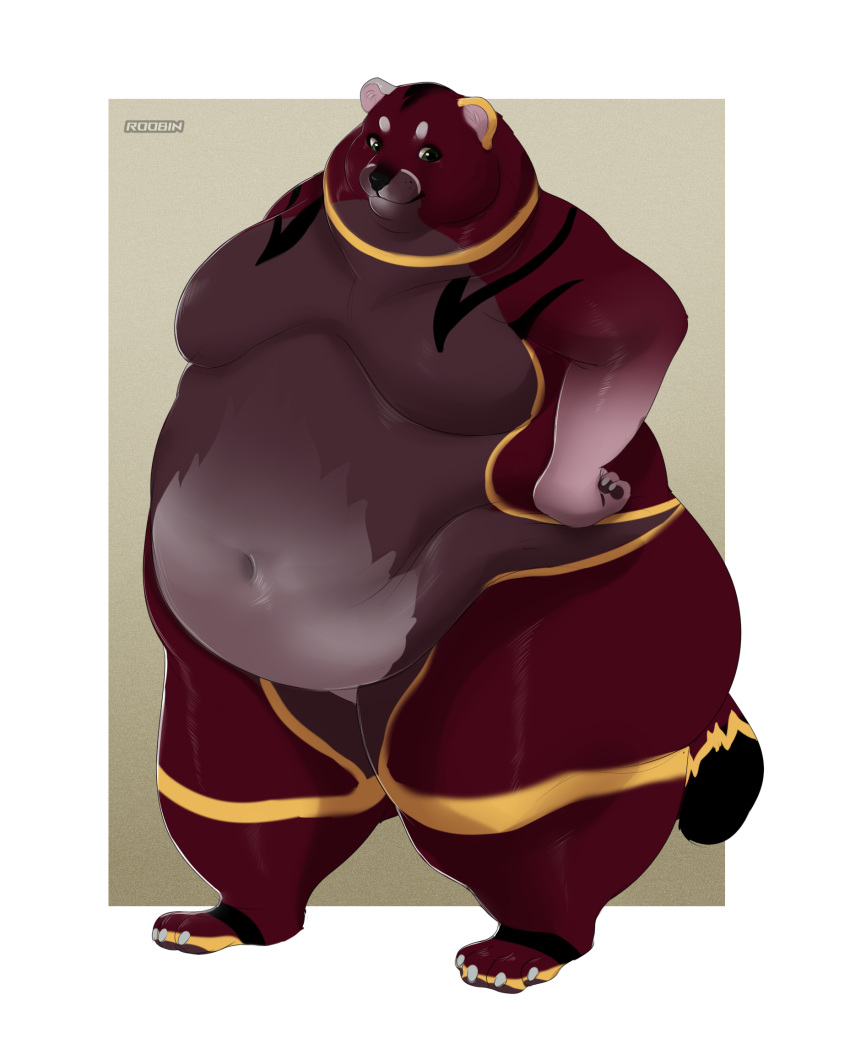 anthro artist_name belly big_belly black_markings black_nose closed_smile full-length_portrait fur glistening glistening_eyes green_eyes hi_res huge_belly male markings moobs mouth_closed navel nude obese obese_anthro obese_male overweight overweight_anthro overweight_male pawpads portrait red_body red_fur red_pawpads roobin simple_background slight_smile solo species_request standing yellow_markings