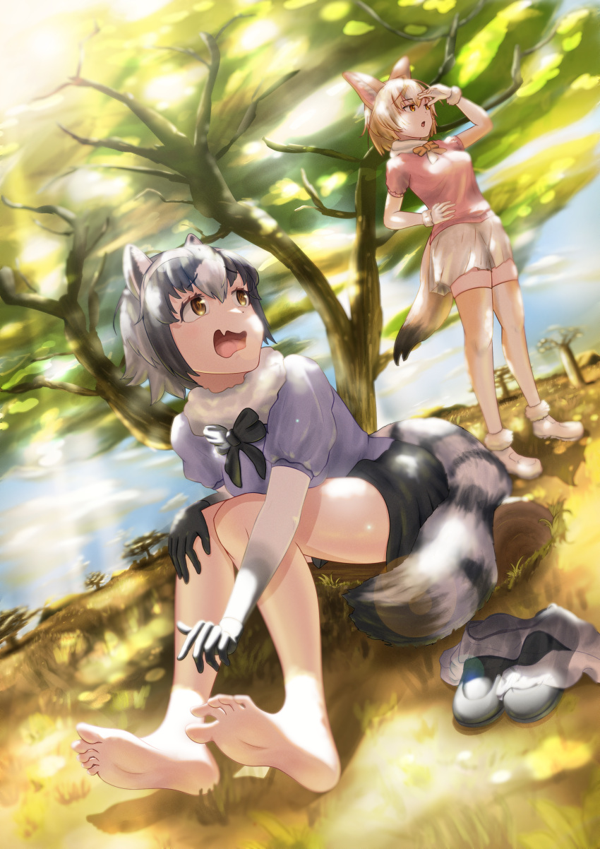 2girls absurdres animal_ears arm_up bangs bare_legs barefoot blonde_hair bow bowtie clothes_removed commentary_request common_raccoon_(kemono_friends) dappled_sunlight day dutch_angle elbow_gloves fang feet fennec_(kemono_friends) fox_ears fox_girl fox_tail full_body fur_collar furrowed_brow gloves grass grey_hair hand_on_hip highres kemono_friends knees_up leaning_forward looking_afar medium_hair miniskirt multiple_girls on_ground open_mouth outdoors outstretched_arm parted_lips pink_sweater purple_sweater raccoon_ears raccoon_girl raccoon_tail savannah shade shoes shoes_removed short-sleeved_sweater short_hair short_sleeves sitting skin_fang skirt soles standing sunlight suou_makoto sweater tail thighhighs toes tree tree_shade yellow_eyes zettai_ryouiki