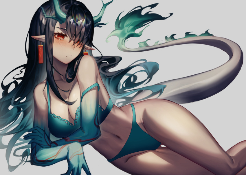 1girl aqua_bra aqua_hair aqua_panties aqua_skin arknights ass_visible_through_thighs bare_shoulders black_hair blush bra closed_mouth dragon_girl dragon_horns dragon_tail dusk_(arknights) earrings feet_out_of_frame gradient_hair gradient_skin hair_over_one_eye horns jewelry kikan_(kikanoe) looking_at_viewer lying multicolored_hair navel nose_blush on_side panties pointy_ears red_eyes simple_background solo strap_slip tail thigh_gap underwear underwear_only white_background