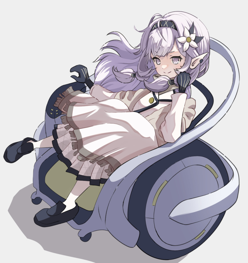 1girl black_gloves blue_archive closed_mouth commentary flower full_body gloves grey_background grey_hair hair_flower hair_ornament hair_tubes hairband himari_(blue_archive) loafers long_sleeves looking_at_viewer mole mole_under_eye pointy_ears powered_wheelchair purple_eyes she100legs shoes simple_background sitting smile solo striped striped_hairband wheelchair