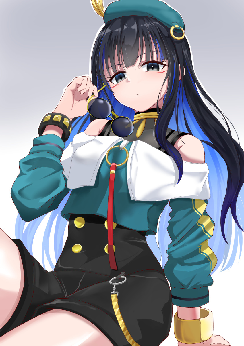 1girl absurdres bangs bare_shoulders beret black_hair black_shorts blue_hair bracelet breasts buttons colored_inner_hair double-breasted eyeliner eyewear_removed fate/grand_order fate_(series) green_headwear green_jacket grey_eyes hasunuma hat highres jacket jewelry long_hair looking_at_viewer makeup multicolored_hair neck_ring o-ring off_shoulder round_eyewear shorts sidelocks sitting small_breasts solo sunglasses tenochtitlan_(fate) thighs wavy_hair zipper