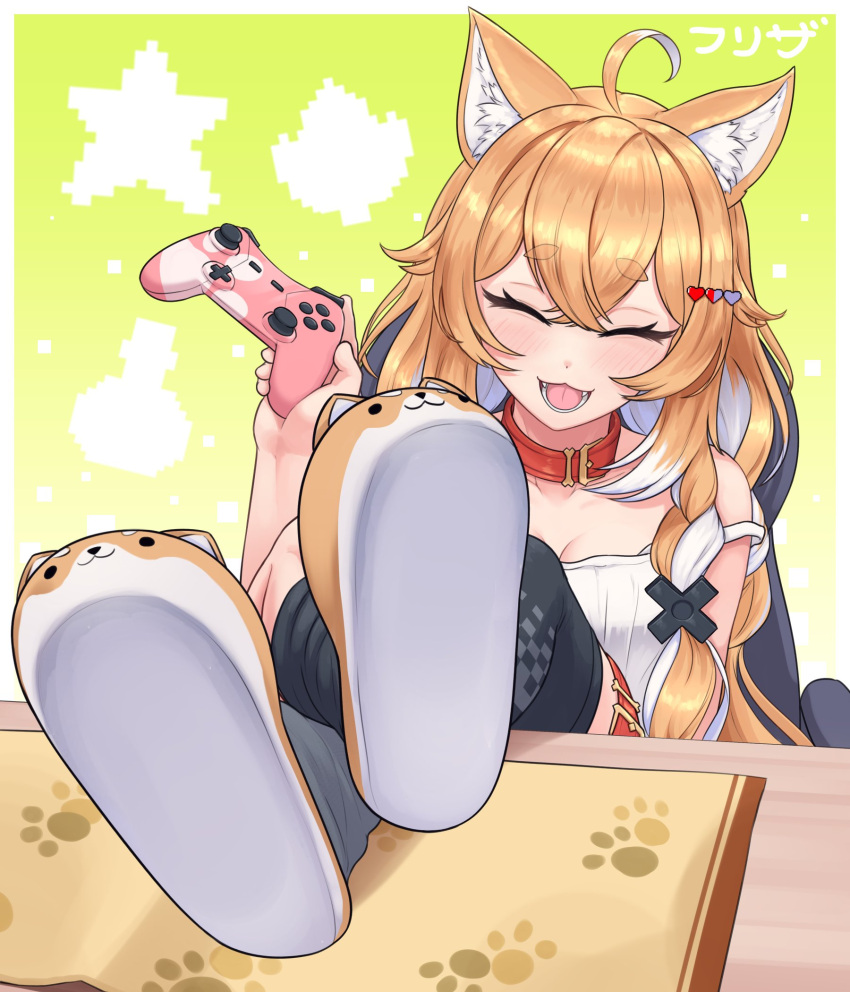 1girl ahoge animal_ears animal_slippers blush closed_eyes collar controller crossed_legs dog_ears dog_girl efreezerarts feet game_controller gamepad highres idol_corp multicolored_hair open_mouth paw_print pochi_wanmaru slippers solo