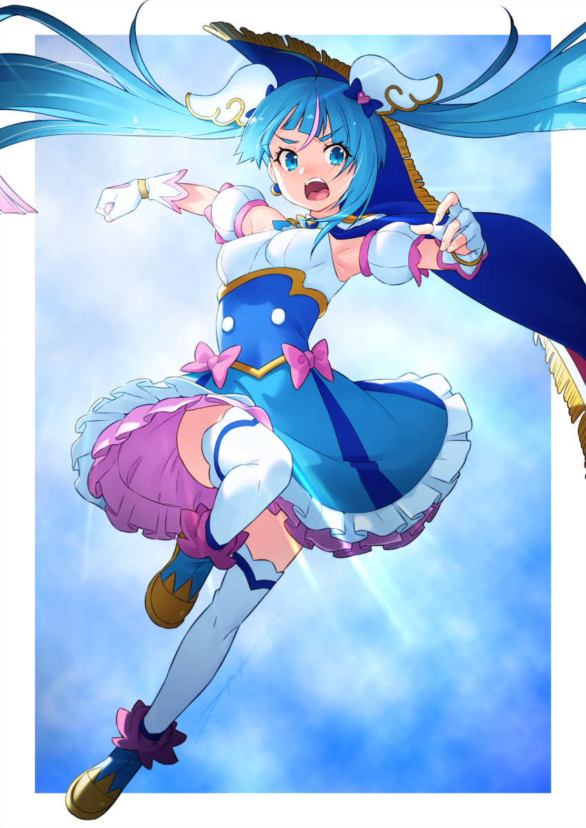 1girl absurdres armpits blue_cape blue_eyes blue_hair breasts cape commentary_request cure_sky fingerless_gloves gloves highres hirogaru_sky!_precure kazuma_muramasa long_hair magical_girl medium_breasts open_mouth precure shoes solo sora_harewataru teeth thighs twintails upper_teeth_only white_background white_gloves