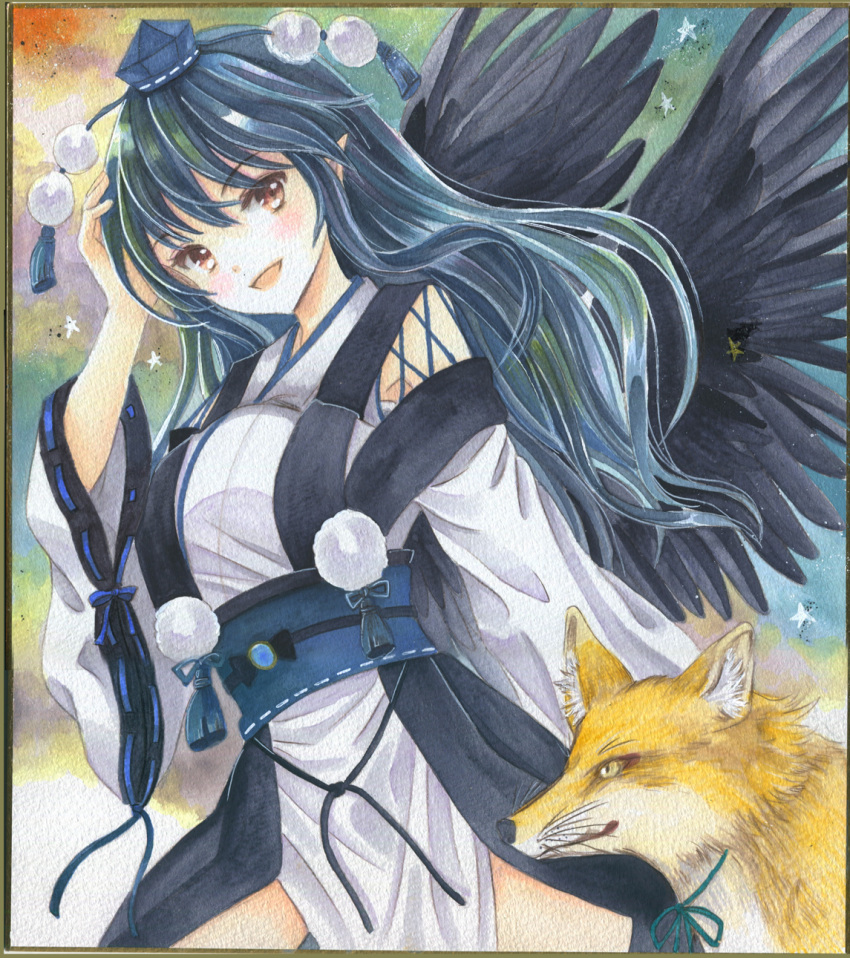 1girl :d bangs bird_wings black_feathers black_wings blue_hair blush breasts dark_blue_hair feathered_wings feathers hajike_akira hat highres iizunamaru_megumu kourindou_tengu_costume kudamaki_tsukasa kudamaki_tsukasa_(fox) large_breasts looking_at_viewer open_mouth pointy_ears pom_pom_(clothes) shikishi smile tengu tokin_hat touhou traditional_media wings