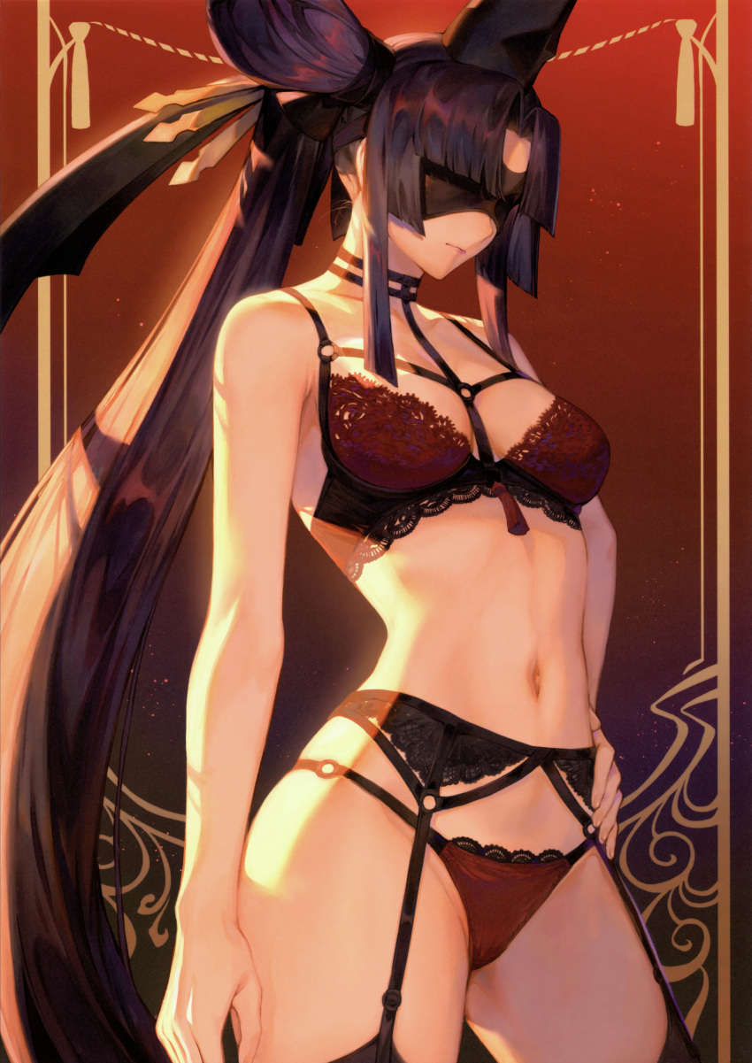 1girl absurdres bangs bare_arms bare_shoulders blindfold bra breasts brown_hair closed_mouth collarbone fate/grand_order fate_(series) garter_belt garter_straps gradient_background hair_ornament hand_on_hip highres lingerie lips mashuu_(neko_no_oyashiro) medium_breasts navel o-ring panties ponytail scan simple_background solo stomach taira_no_kagekiyo_(fate) thighhighs thighs underwear ushiwakamaru_(fate)