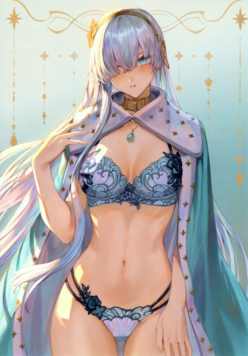 1girl absurdres anastasia_(fate) bangs blue_eyes bra breasts cape choker fate/grand_order fate_(series) gradient_background hair_ornament hair_over_one_eye hairband hand_up highres jewelry lingerie long_hair looking_at_viewer mashuu_(neko_no_oyashiro) navel necklace panties parted_lips scan simple_background solo stomach thighs underwear white_hair