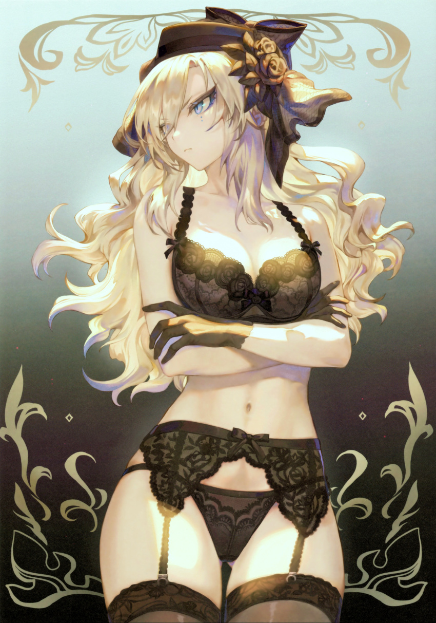 1girl absurdres bangs blonde_hair blue_eyes bow bow_bra bra breasts closed_mouth crossed_arms facial_mark fate/grand_order fate_(series) garter_belt garter_straps gloves gradient_background hair_ornament hair_over_one_eye hat highres kriemhild_(fate) lingerie long_hair looking_away mashuu_(neko_no_oyashiro) medium_breasts navel pale_skin panties ribbon scan simple_background solo stomach thighhighs thighs underwear underwear_only