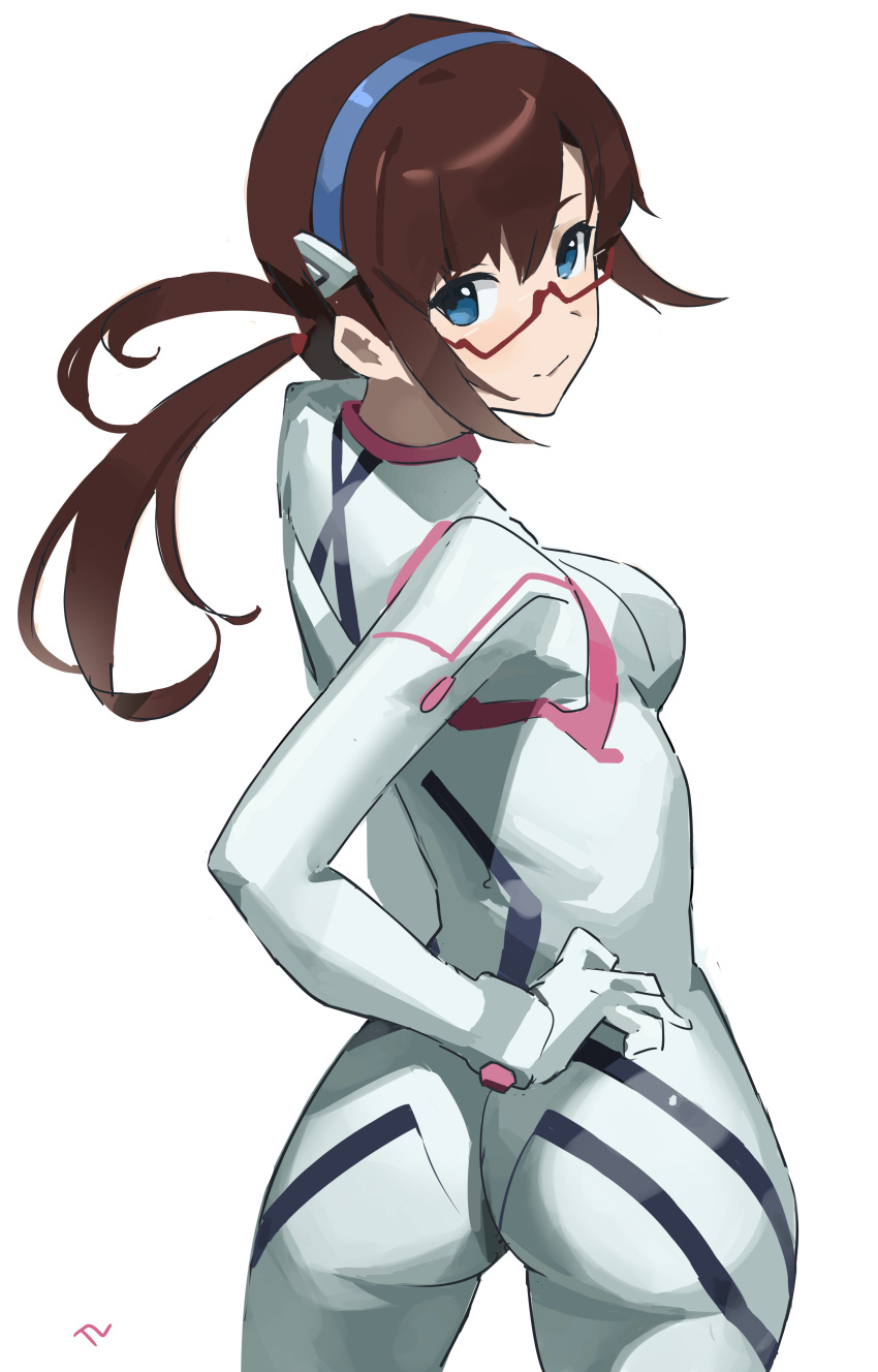 1girl absurdres ass blue_eyes blue_hairband bodysuit breasts brown_hair closed_mouth commentary cowboy_shot evangelion:_3.0+1.0_thrice_upon_a_time from_behind glasses hairband hand_on_hip highres long_hair looking_at_viewer low_twintails makinami_mari_illustrious medium_breasts neon_genesis_evangelion rebuild_of_evangelion red-framed_eyewear semi-rimless_eyewear signature smile solo t-lex twintails white_bodysuit