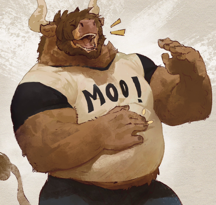 2022 anthro belly belly_overhang bernie_burr big_belly biped bovid bovid_horn bovine bovine_horn broad_shoulders brown_body brown_fur bull_horn cattle clothing emanata english_text eyes_closed fur hair hair_over_eyes hand_on_stomach hi_res horn laugh male mammal musclegut muscular muscular_male open_mouth overweight overweight_anthro overweight_male shirt simple_background solo text text_on_clothing text_on_shirt text_on_topwear topwear