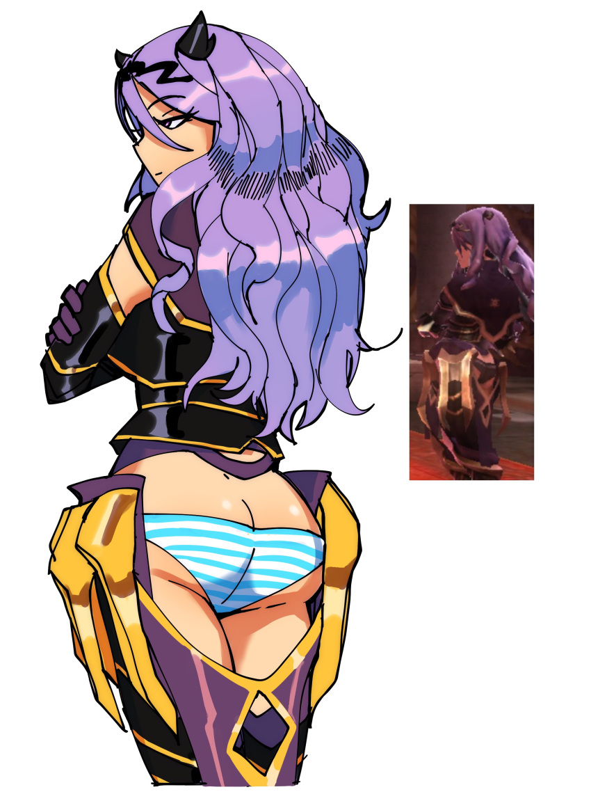 1girl 3amsoda absurdres armor ass boots butt_crack camilla_(fire_emblem) crossed_arms english_commentary expressionless fake_horns fire_emblem fire_emblem_fates from_behind greaves highres horns long_hair looking_to_the_side panties print_panties purple_eyes purple_footwear purple_hair reference_inset screencap_inset simple_background solo striped striped_panties thigh_boots underwear vertical-striped_panties vertical_stripes white_background