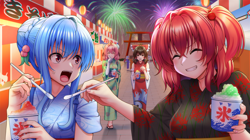 4girls ^_^ aerial_fireworks alternate_costume anger_vein bandaged_arm bandages black_hair black_kimono blue_hair blue_kimono bow closed_eyes closed_mouth commentary detached_sleeves festival fireworks floral_print food food_stand green_kimono hair_bobbles hair_bow hair_ornament hair_tubes hakurei_reimu highres hinanawi_tenshi ibaraki_kasen japanese_clothes kimono long_hair looking_at_viewer medium_hair multiple_girls onozuka_komachi open_mouth outdoors pink_hair red_bow red_hair red_kimono shaved_ice smile standing summer_festival tatsu_toyoyo teeth torii touhou two_side_up v-shaped_eyebrows wide_sleeves yukata