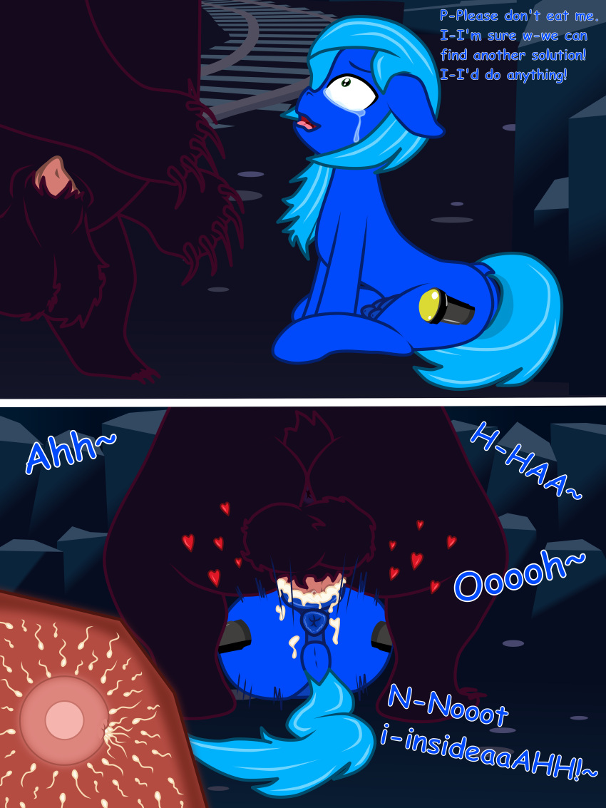 2019 2_panel_comic 3:4 absurd_res anus balls bear begging black_body black_fur blue_(theonewithoutaname) blue_body blue_hair blue_tail blue_text bodily_fluids cave cavern comic crying cum cum_in_pussy cum_inside cutie_mark dialogue digital_media_(artwork) earth_pony english_text equid equine female female_penetrated feral feral_on_feral feral_penetrated feral_penetrating feral_penetrating_feral flat_colors forced from_front_position fur genital_fluids genitals hair hasbro helpless hi_res horse huggles_(tfh) impregnation instant_loss_2koma interspecies interspecies_impregnation male male/female male_penetrating male_penetrating_female mammal mating_press my_little_pony nipples ovum penetration penile penile_penetration pony predator/prey pussy rape sex side_view sitting sperm_cell tail tears teats text them's_fightin'_herds theonewithoutaname unwanted_cum_inside unwanted_impregnation vaginal