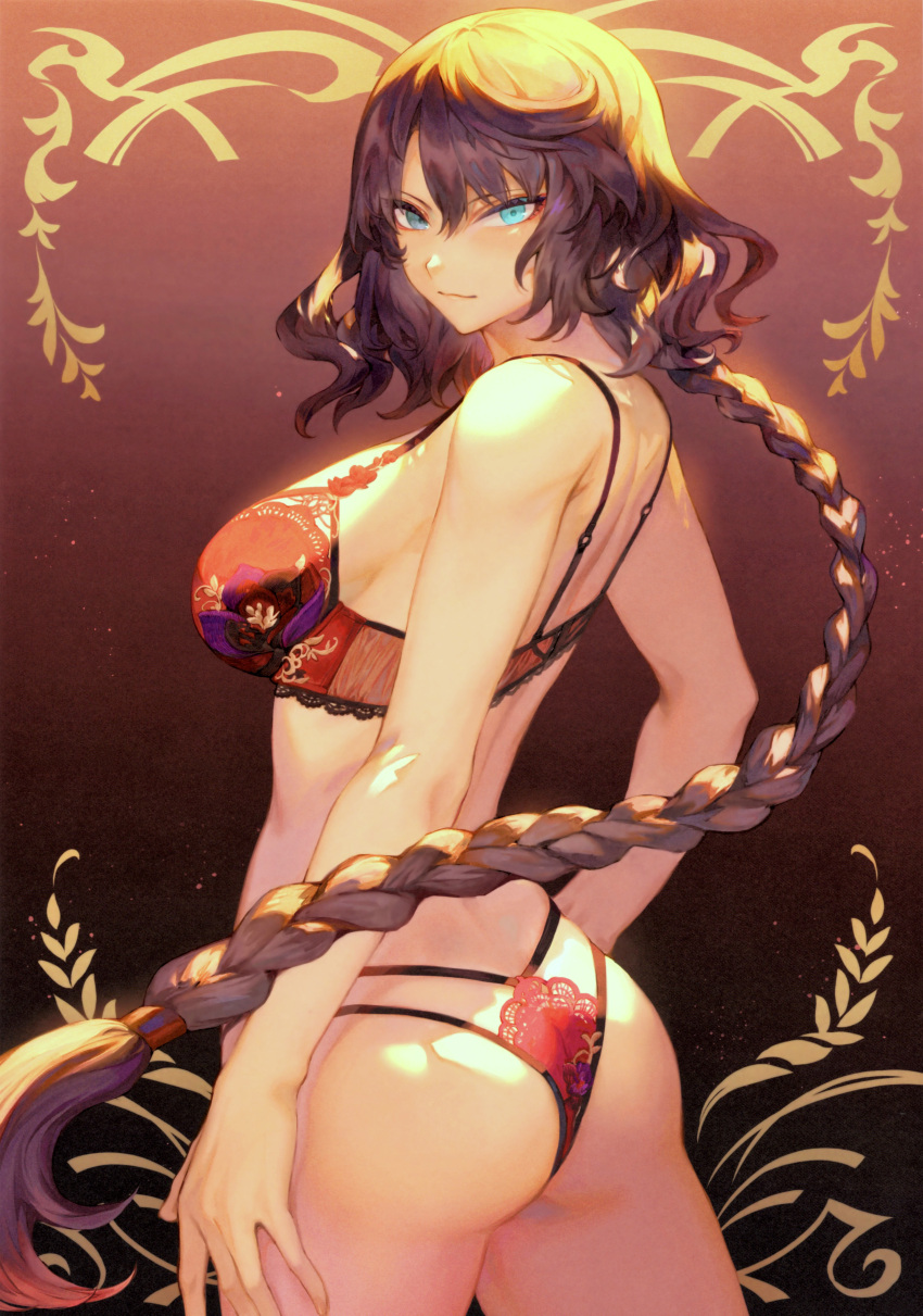 1girl absurdres aqua_eyes ass bangs bare_arms bare_shoulders bra braid breasts brown_hair closed_mouth fate/grand_order fate_(series) from_behind gradient_background hephaestion_(fate) highres lingerie lips long_hair looking_at_viewer looking_back mashuu_(neko_no_oyashiro) medium_breasts panties scan sideboob simple_background single_braid solo thighs underwear underwear_only