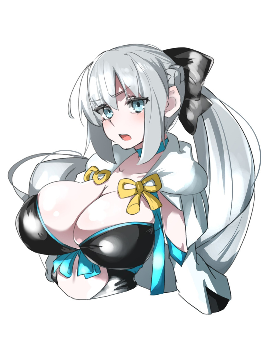 1girl black_bow blue_eyes blush bow braid breasts center_opening cleavage clothing_cutout fate/grand_order fate_(series) french_braid grey_hair highres large_breasts looking_at_viewer morgan_le_fay_(fate) open_mouth ponytail ri_o_ne_su solo stomach_cutout two-tone_dress upper_body