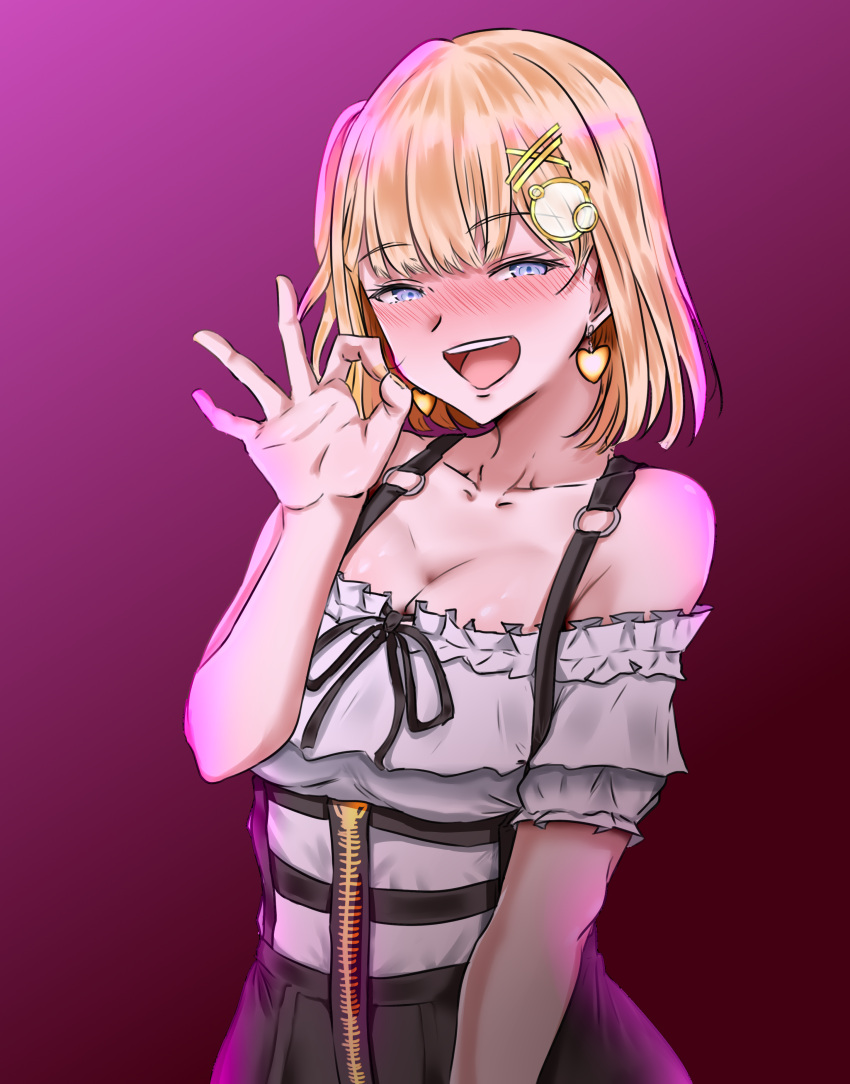 1girl :d absurdres bare_shoulders black_skirt blonde_hair blue_eyes blush breasts cleavage collarbone commentary earrings frilled_shirt frills gradient_background hair_ornament hand_up heart heart_earrings high-waist_skirt highres hololive hololive_english jewelry looking_at_viewer nose_blush off-shoulder_shirt off_shoulder ok_sign open_mouth purple_background shirt short_hair short_sleeves skirt smile solo suspenders upper_body virtual_youtuber watson_amelia white_shirt woo_(woosan) zipper