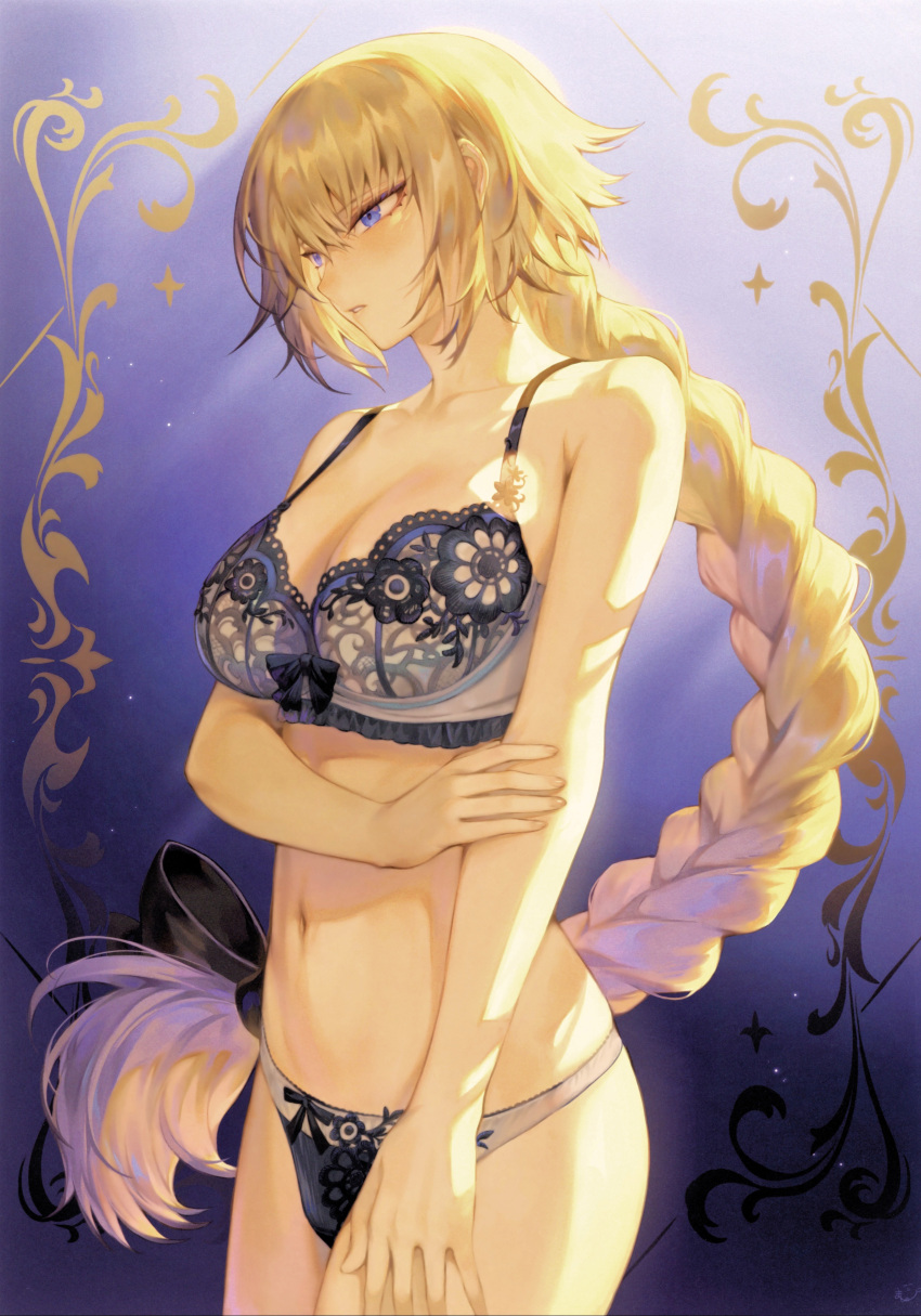 1girl absurdres bangs bare_arms bare_shoulders blonde_hair blue_eyes blush bow bow_bra bow_panties bra braid breasts cleavage collarbone fate/apocrypha fate/grand_order fate_(series) hair_bow hair_ornament highres jeanne_d'arc_(fate) lingerie long_hair mashuu_(neko_no_oyashiro) medium_breasts navel panties parted_lips ribbon scan simple_background single_braid solo stomach thighs underwear