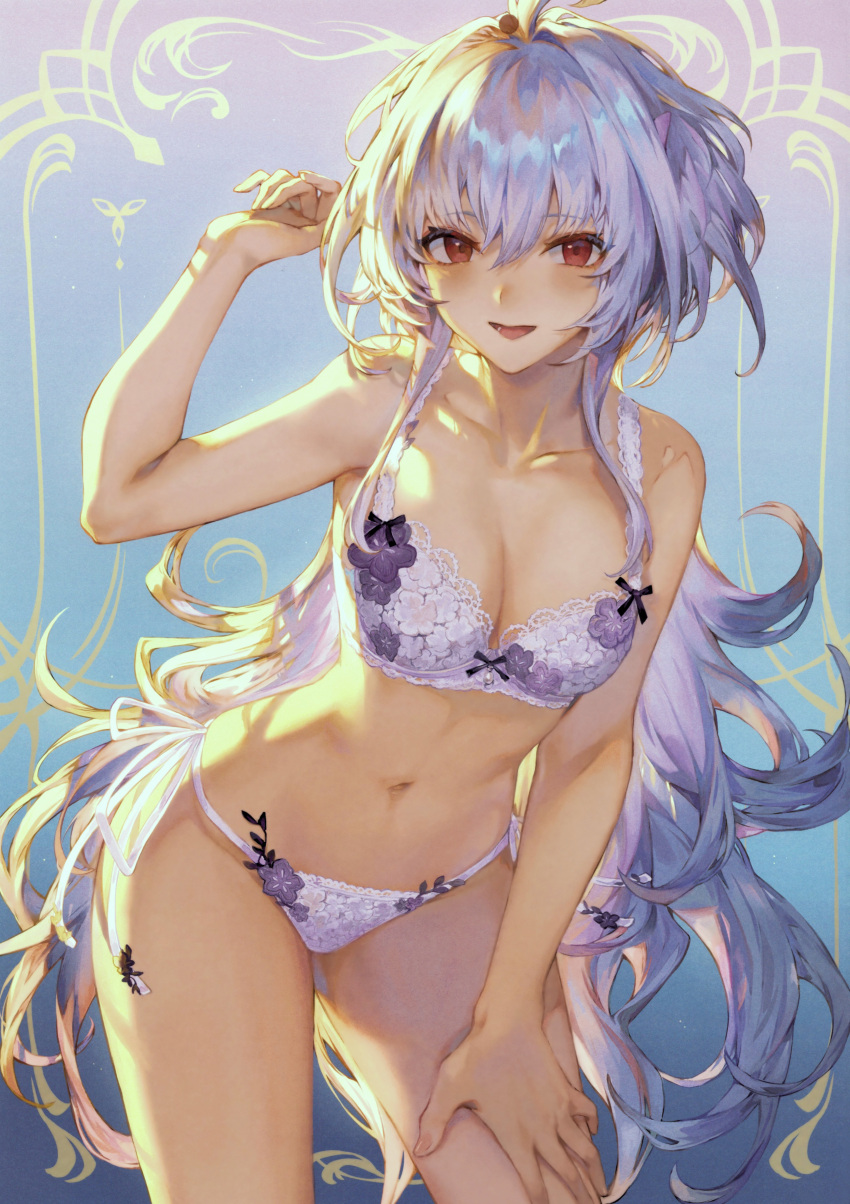 1girl absurdres bangs bare_arms bare_shoulders bow bra breasts cleavage collarbone fate/grand_order fate_(series) gradient_background highres lady_avalon_(fate) lingerie long_hair looking_at_viewer mashuu_(neko_no_oyashiro) medium_breasts merlin_(fate/prototype) navel open_mouth panties purple_hair red_eyes ribbon scan side-tie_panties simple_background smile solo stomach thighs underwear