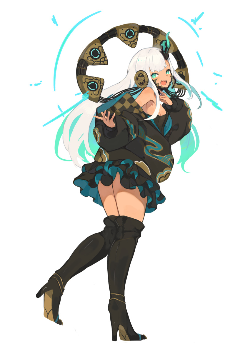 1girl :d aqua_hair bangs black_jacket black_skirt blue_eyes boots breasts colored_inner_hair full_body high_heel_boots high_heels highres horns jacket lansane long_sleeves looking_at_viewer multicolored_hair off-shoulder_jacket off_shoulder original simple_background single_horn skirt small_breasts smile thigh_boots white_background