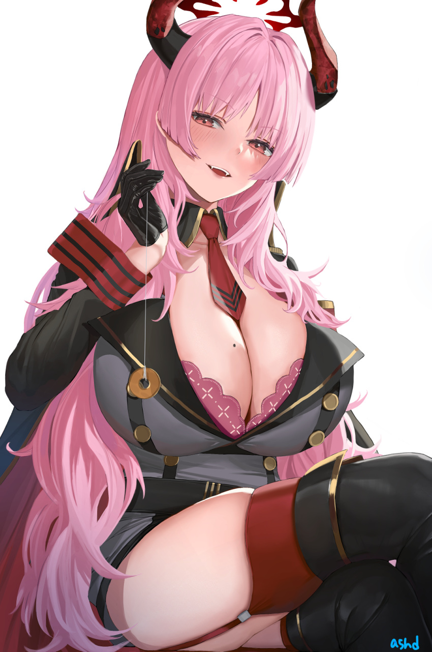 1girl asurada_yui bangs black_gloves black_jacket blue_archive blush bra bra_peek breasts cleavage coin eyeliner gloves half_gloves halo highres holed_coin horns huge_breasts hypnosis jacket lace-trimmed_bra lace_trim long_hair makeup mind_control mole mole_on_breast necktie open_mouth parted_bangs partially_unbuttoned pendulum pink_eyes red_eyes satsuki_(blue_archive) smile solo underwear