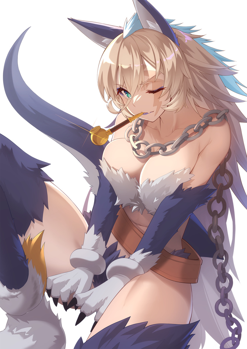 1girl animal_ear_fluff animal_ears animal_hands bare_shoulders blonde_hair bow breasts chain cleavage hair_between_eyes highres large_breasts long_hair looking_at_viewer nijisanji nui_sociere one_eye_closed pipe_in_mouth scar scar_across_eye smoking_pipe solo virtual_youtuber yellow_eyes yukichin