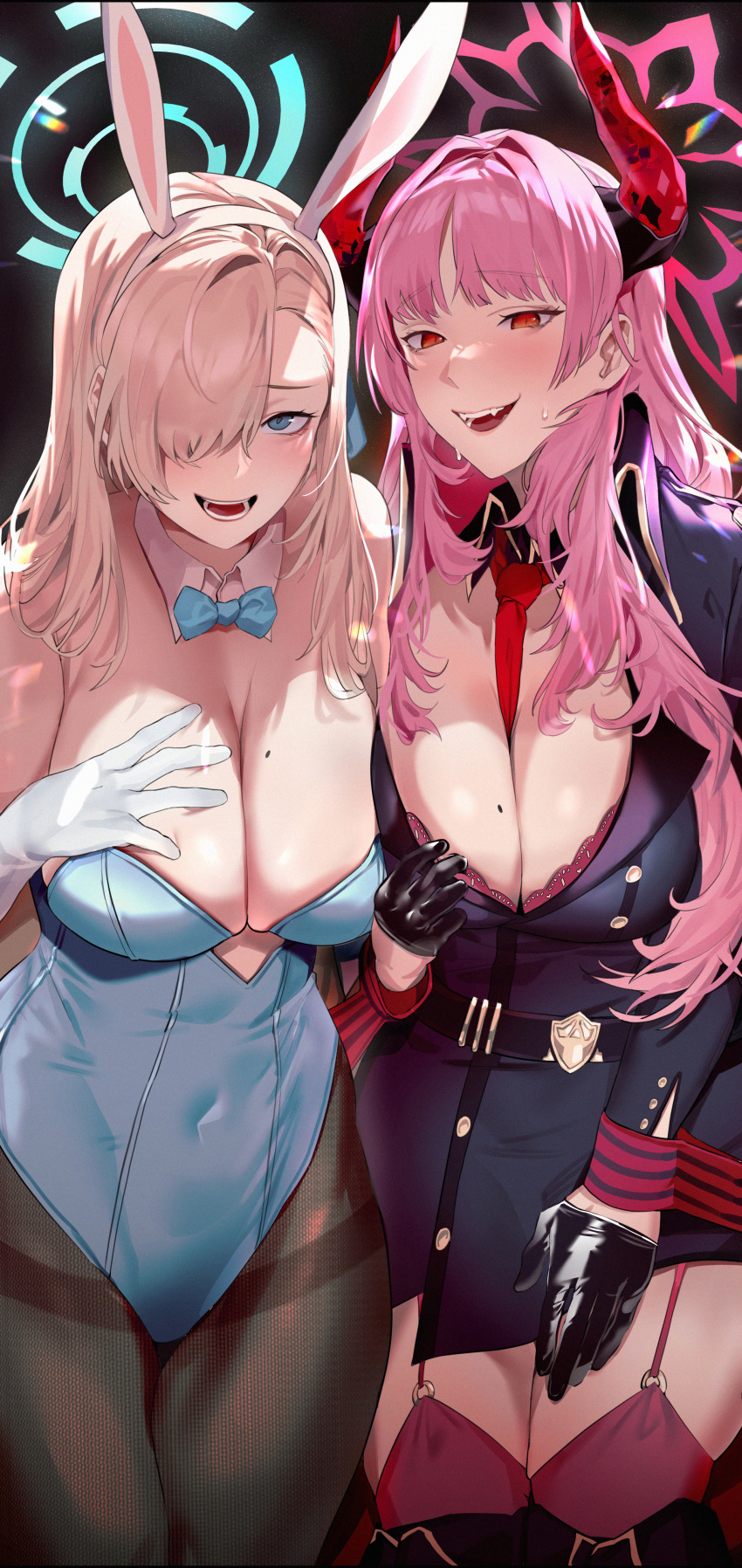 :d absurdres animal_ears asuna_(blue_archive) asuna_(bunny)_(blue_archive) bangs bare_shoulders belt between_breasts black_gloves black_pantyhose blonde_hair blue_archive blue_eyes blush bow bowtie breasts cleavage covered_navel detached_sleeves fangs garter_straps gloves hair_over_one_eye halo highres horns joboe large_breasts mole mole_on_breast necktie necktie_between_breasts open_mouth pantyhose pink_hair playboy_bunny purple_thighhighs rabbit_ears red_eyes satsuki_(blue_archive) smile sweat teeth thighband_pantyhose thighhighs white_gloves