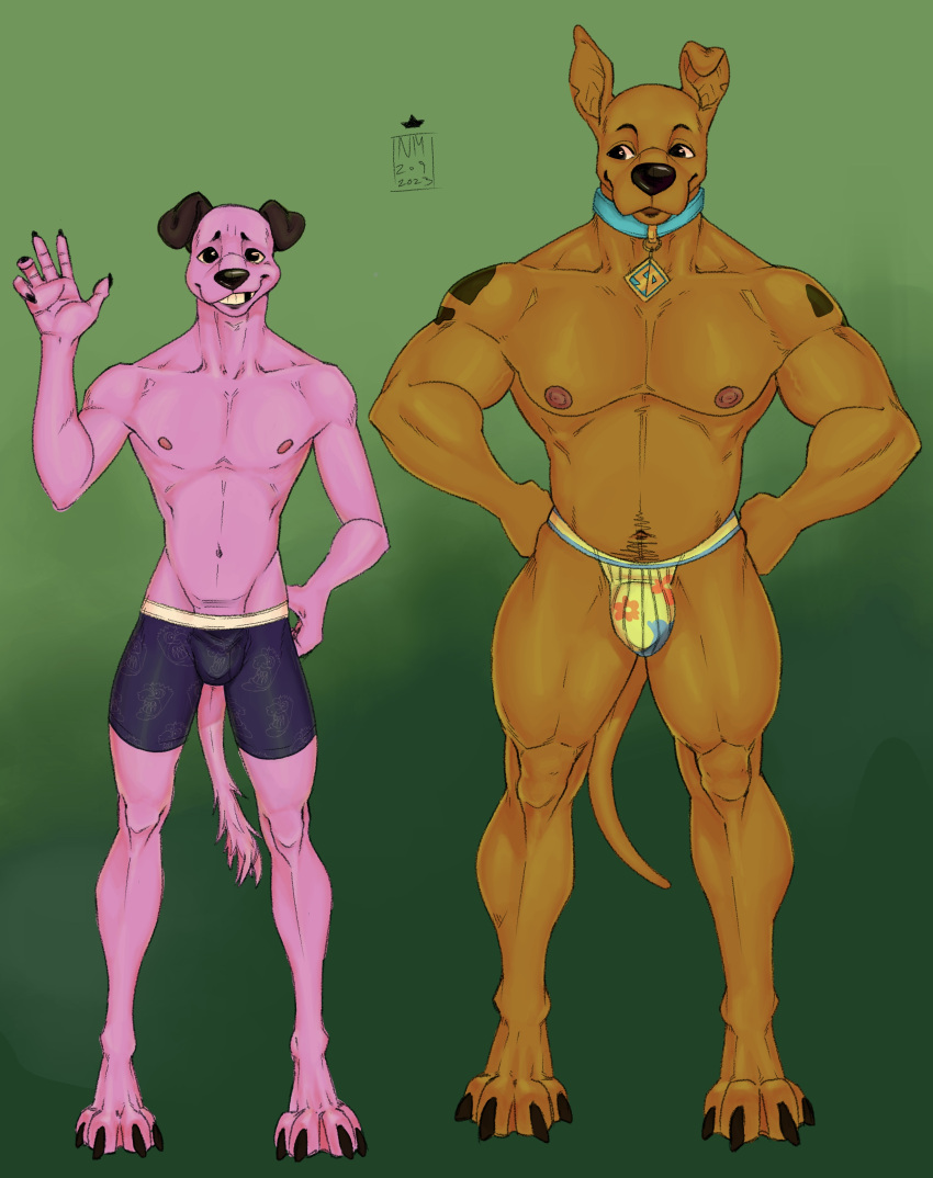 absurd_res anthro bambii_arts canid canine canis cartoon_network courage_the_cowardly_dog courage_the_cowardly_dog_(character) domestic_dog duo girly hanna-barbera hi_res male male/male mammal pecs scooby-doo scooby-doo_(series)