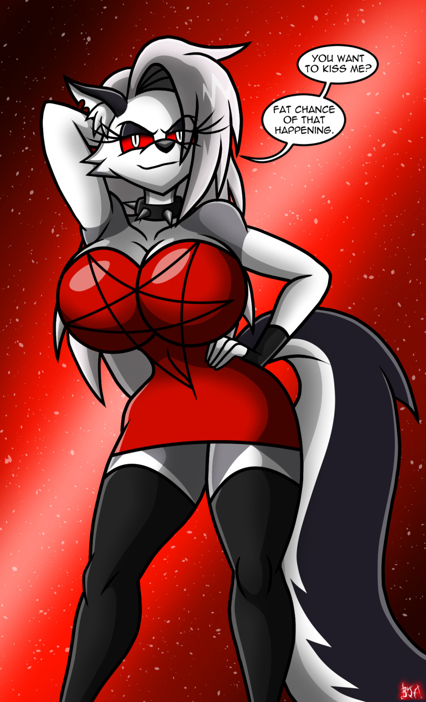 anthro berty-j-a canid canid_demon clothed clothing demon dress english_text female hellhound helluva_boss hi_res loona_(helluva_boss) mammal pinup pose solo speech_bubble text