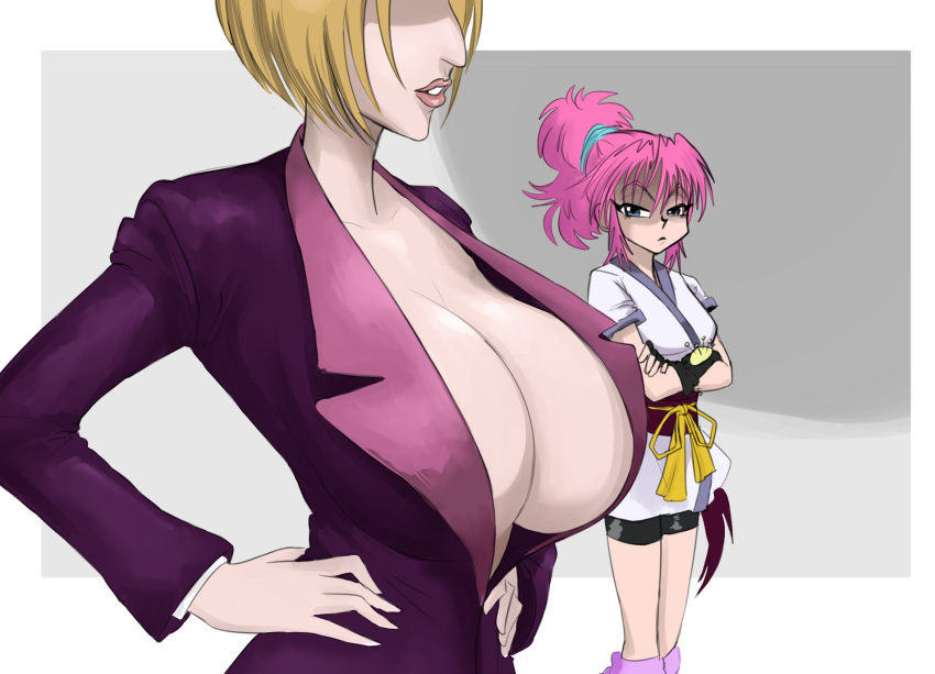 breasts clothes formal highres hunter_x_hunter jealous large_breasts looking_at_another machi_komacine non-web_source open_clothes open_shirt pakunoda pink_hair simple_background suit