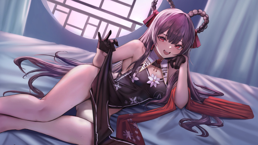 1girl arenoyoni bare_legs china_dress chinese_clothes cleavage_cutout clothes_lift clothing_cutout dress gloves goddess_of_victory:_nikke hair_ribbon head_on_hand highres long_hair looking_at_viewer lying red_eyes ribbon skirt skirt_lift smile thighs yan_(nikke)