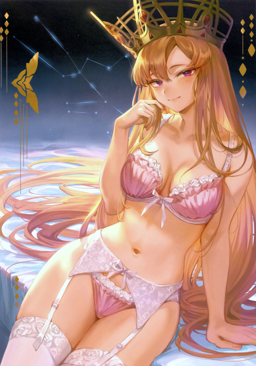 1girl absurdres arm_support bangs bare_arms blonde_hair bow bow_bra bow_panties bra breasts closed_mouth crown europa_(fate) fate/grand_order fate_(series) garter_belt garter_straps gradient_background hand_up highres lingerie long_hair looking_at_viewer mashuu_(neko_no_oyashiro) navel panties purple_eyes ribbon scan simple_background sitting smile solo stomach thighhighs thighs underwear very_long_hair