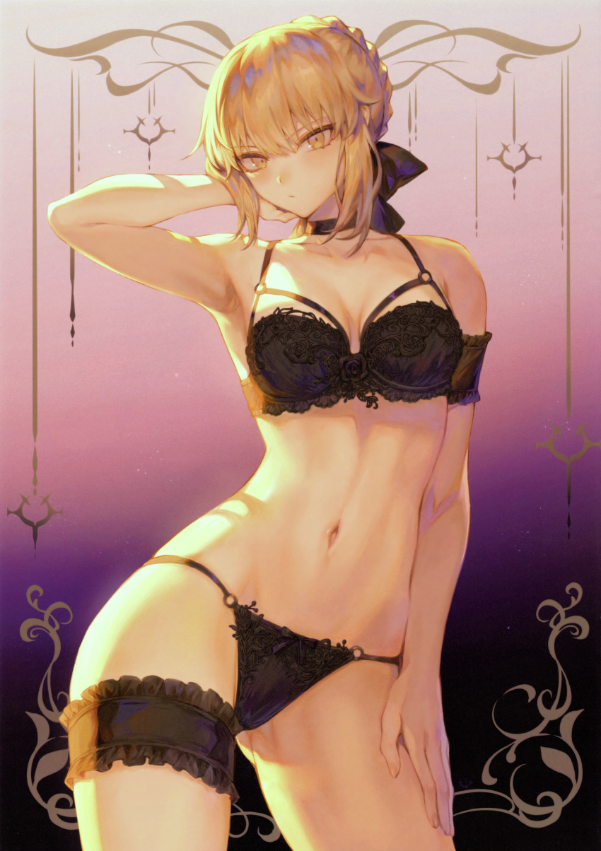 1girl absurdres artoria_pendragon_(fate) bangs bare_shoulders blonde_hair bow bra braid breasts choker closed_mouth collarbone fate/grand_order fate_(series) french_braid frills garter_straps gradient_background hair_bow hair_ornament hand_up highres lingerie looking_at_viewer mashuu_(neko_no_oyashiro) medium_breasts navel panties saber_alter scan sidelocks simple_background solo stomach thighs underwear yellow_eyes