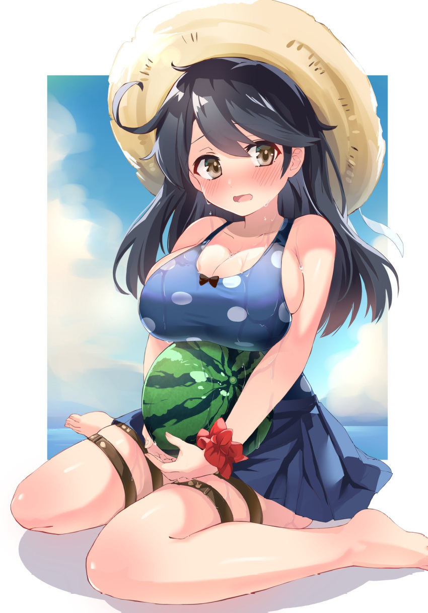 1girl barefoot black_hair blonde_hair blue_one-piece_swimsuit breasts cleavage cloud commission embarrassed festa11307070 hat highres kantai_collection large_breasts long_hair looking_at_viewer no_shoes one-piece_swimsuit open_mouth polka_dot ribbon school_swimsuit sitting skeb_commission sky solo straw_hat summer_uniform swimsuit tight toes ushio_(kancolle) wariza wavy_mouth