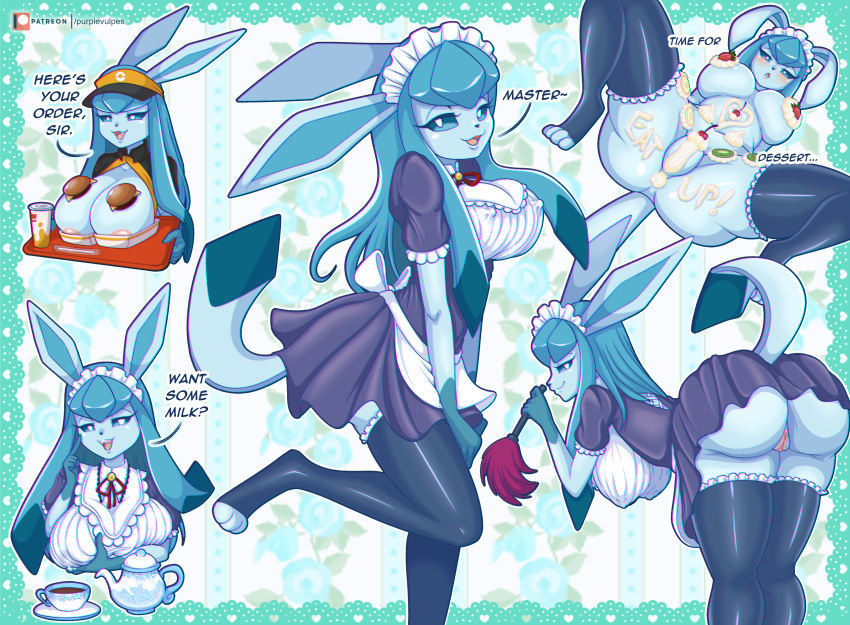 absurd_res anthro big_breasts blue_body blue_eyes bodily_fluids breasts butt clothed clothing eeveelution english_text female generation_4_pokemon genital_fluids genitals glaceon hi_res legwear looking_at_viewer maid_uniform nintendo open_mouth plump_labia pokemon pokemon_(species) pokemorph purplevulpes pussy pussy_juice solo text thick_thighs uniform