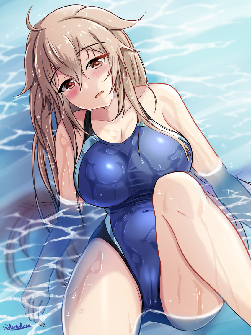 1girl breasts brown_eyes competition_swimsuit gradient_hair hair_flaps heterochromia highres kantai_collection large_breasts light_brown_hair montemasa multicolored_hair murasame_(kancolle) murasame_kai_ni_(kancolle) ocean one-piece_swimsuit open_mouth outdoors partially_submerged red_eyes solo swimsuit two_side_up water