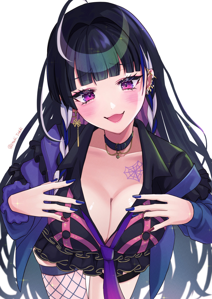 1girl absurdres ahoge belt_collar black_collar black_hair black_shirt blush breasts chest_tattoo cleavage collar ear_piercing earrings fishnet_thighhighs fishnets frilled_skirt frills green_skirt highres itsuki_isshiki jacket jewelry large_breasts long_hair looking_at_viewer meloco_kyoran multicolored_hair multicolored_nails nail_polish necktie nijisanji nijisanji_en open_mouth piercing purple_eyes purple_hair purple_jacket purple_nails purple_necktie red_nails shirt single_thighhigh skirt smile solo spider_web_tattoo streaked_hair tattoo thigh_strap thighhighs virtual_youtuber