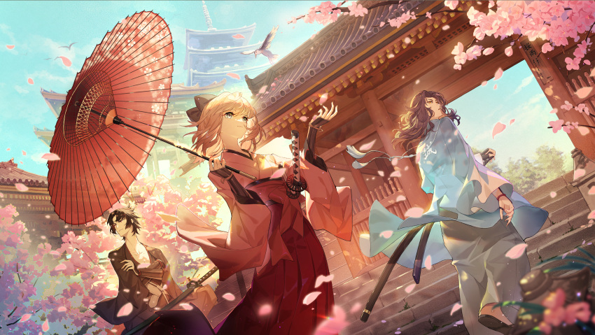 1girl 2boys absurdres architecture bird black_hair black_ribbon blonde_hair blue_sky blurry cherry_blossoms closed_mouth clothing_request cloud commentary_request crossed_arms day depth_of_field east_asian_architecture falling_petals fate/grand_order fate_(series) feet_out_of_frame gesture_request green_eyes hair_ribbon haori highres hijikata_toshizou_(fate) holding holding_umbrella japanese_clothes katana kimono long_hair looking_to_the_side medium_hair multiple_boys oil-paper_umbrella okita_souji_(fate) outdoors pagoda petals pink_kimono ribbon saitou_hajime_(fate) short_hair sky smile standing sword tree umbrella walking wavy_hair weapon zetlice