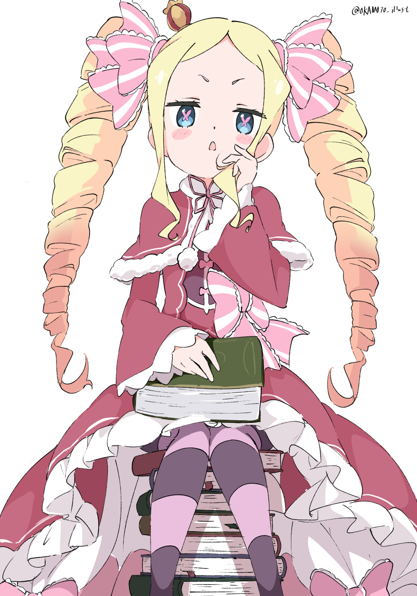 1girl absurdres beatrice_(re:zero) blonde_hair blue_eyes blush_stickers book capelet crown dress drill_hair feet_out_of_frame hair_ribbon highres long_hair looking_at_viewer re:zero_kara_hajimeru_isekai_seikatsu red_dress ribbon sidelocks simple_background sitting solo striped striped_thighhighs symbol-shaped_pupils thighhighs twin_drills white_background white_gorilla_(okamoto)