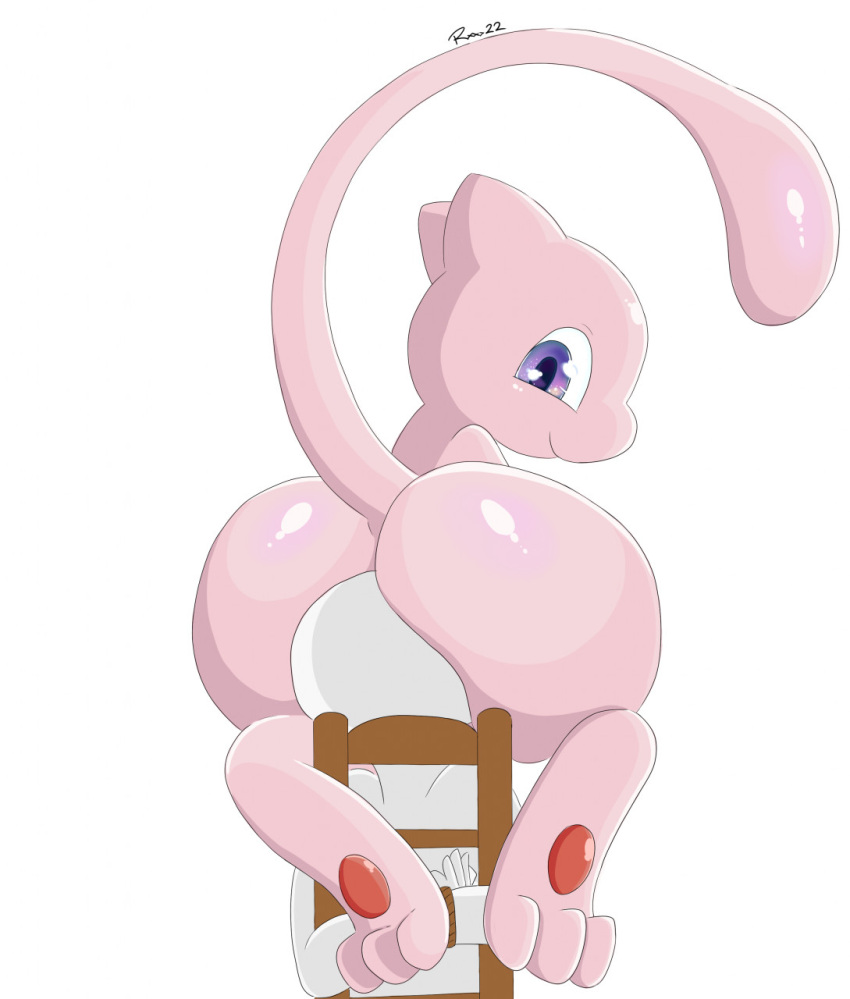 2022 ambiguous_gender artist_name blue_eyes butt chair dated duo facesitting female feral furniture generation_1_pokemon hi_res imaranx legendary_pokemon looking_back mew_(pokemon) nintendo pink_body pokemon pokemon_(species) signature simple_background smile white_background