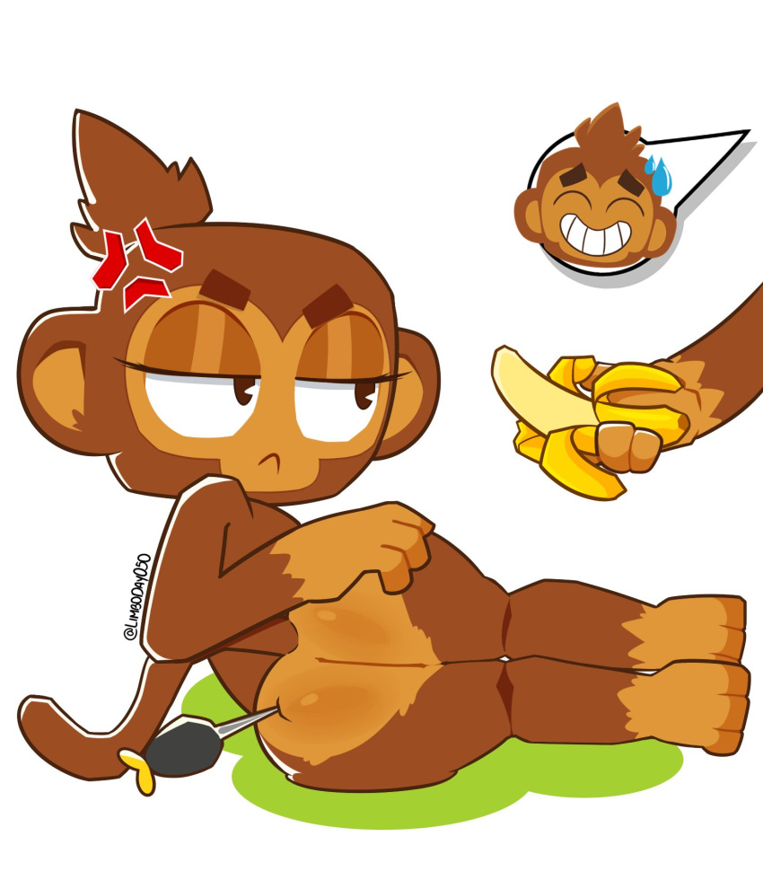 angry anthro banana bloons_tower_defense blush butt cross-popping_vein dart dart_monkey distracting_watermark feet female food fruit hair haplorhine hi_res male mammal monkey ninja_kiwi plant ponytail primate solo tail topknot watermark wounded